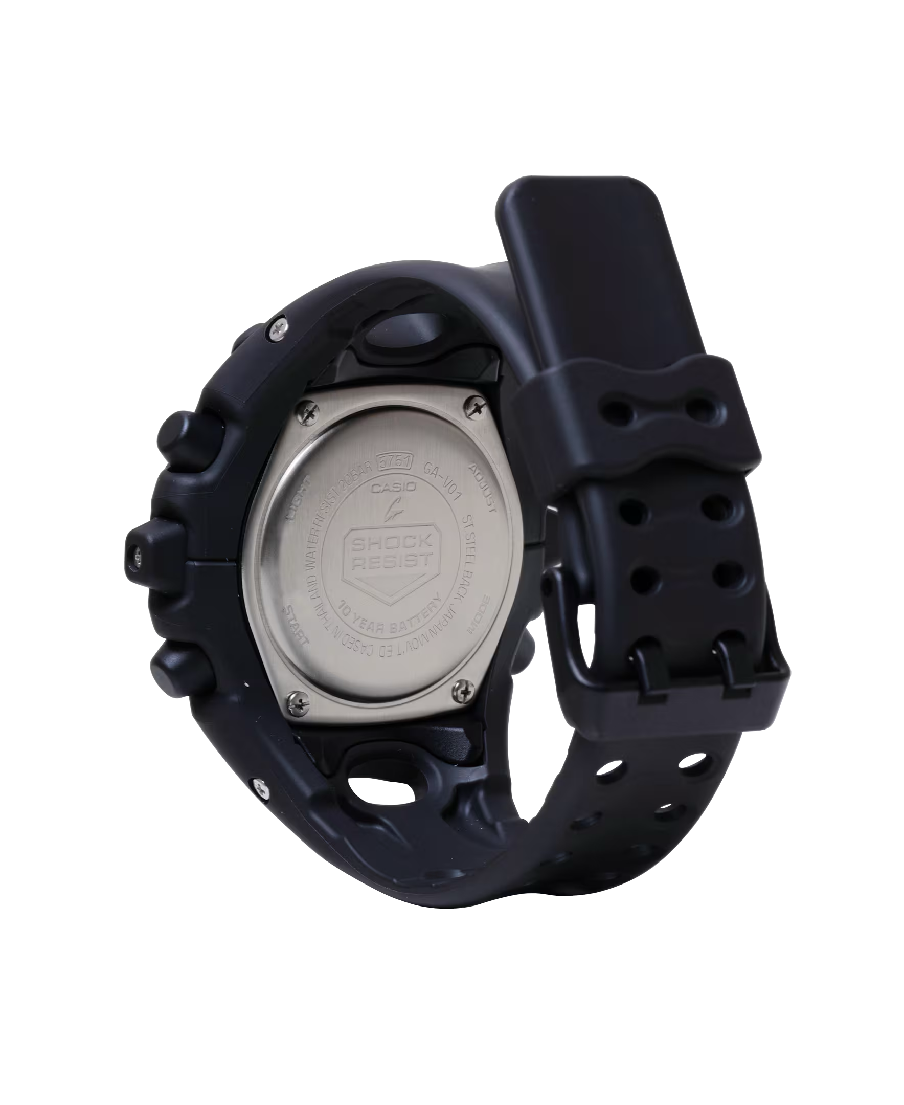 Casio G-SHOCK GA-V01 Series GAV01-1A in all-black – stealthy sculpted case, metallic dial, Shock Release Hand tech, 200m water resistance, and 10-year battery life.