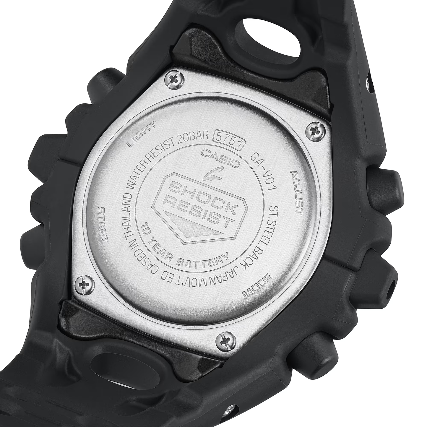 Casio G-SHOCK GA-V01 Series GAV01-1A in all-black – stealthy sculpted case, metallic dial, Shock Release Hand tech, 200m water resistance, and 10-year battery life.