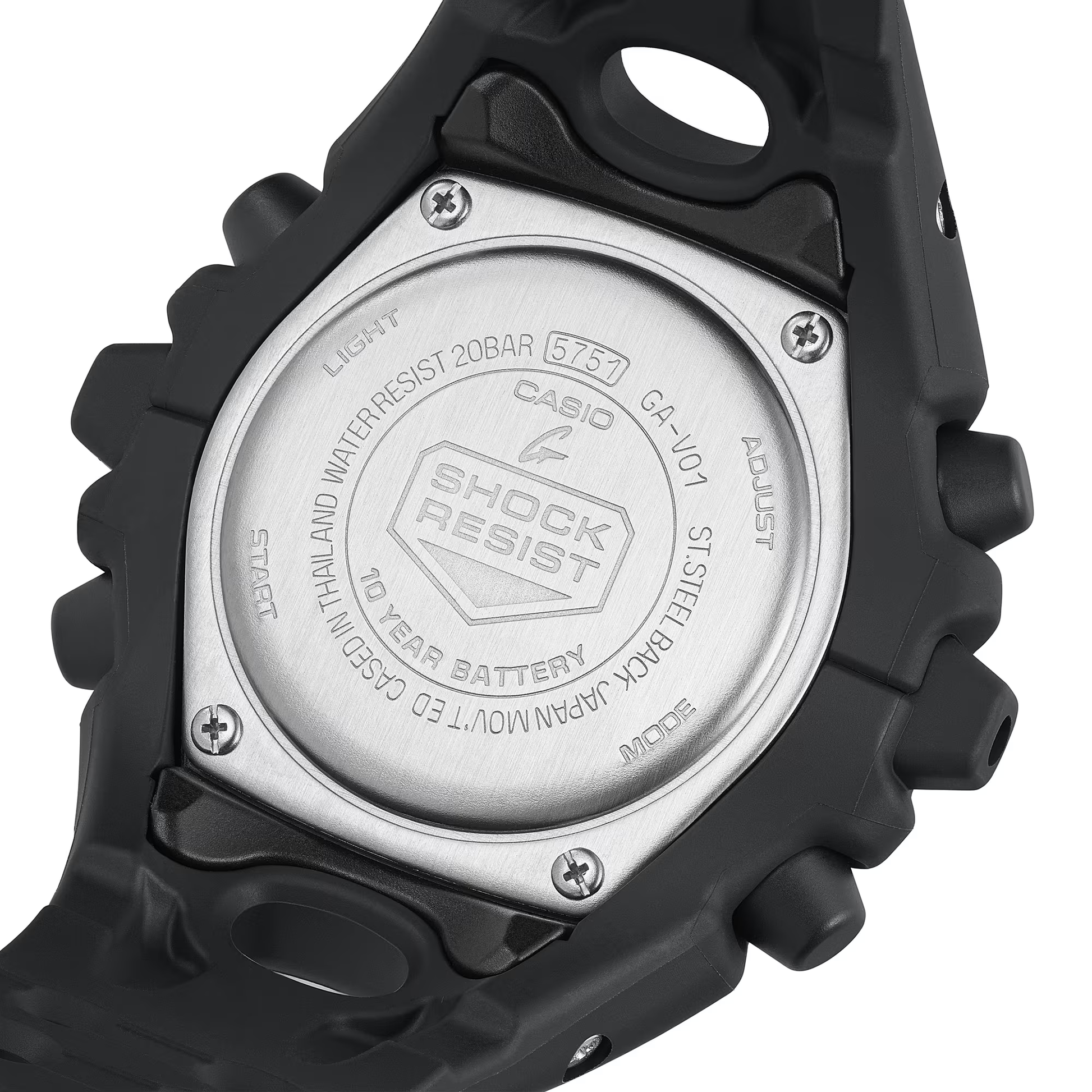 Casio G-SHOCK GA-V01 Series GAV01-1A in all-black – stealthy sculpted case, metallic dial, Shock Release Hand tech, 200m water resistance, and 10-year battery life.