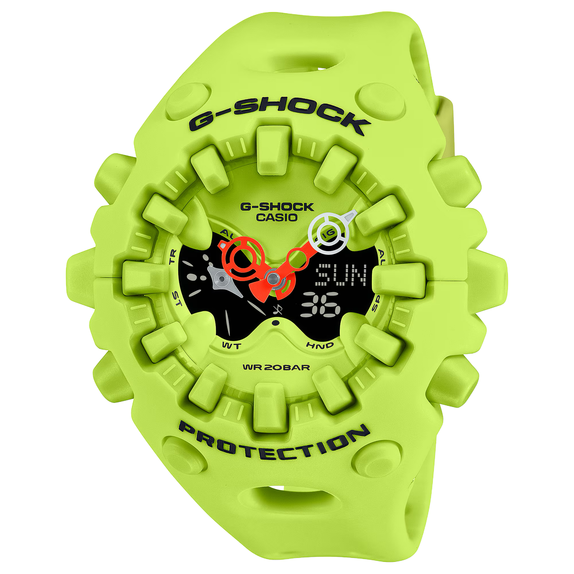 Casio G-SHOCK GA-V01 Series GAV01-9A in neon yellow – bold sculpted case, metallic dial accents, Shock Release Hand tech, 200m water resistance, and 10-year battery life.