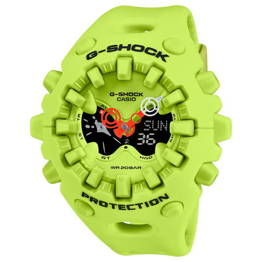 Casio G-SHOCK GA-V01 Series GAV01-9A in neon yellow – bold sculpted case, metallic dial accents, Shock Release Hand tech, 200m water resistance, and 10-year battery life.