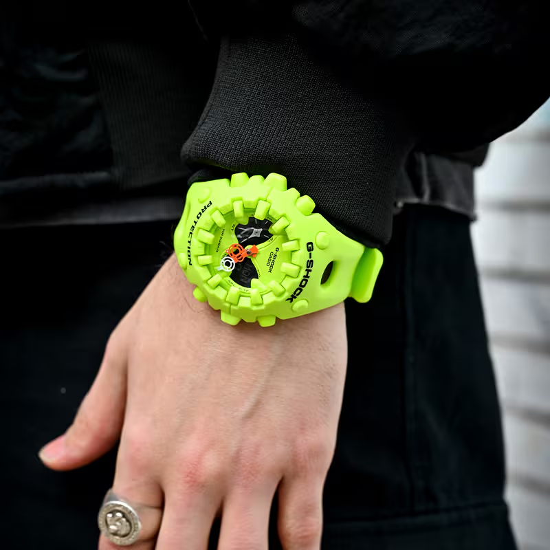 Casio G-SHOCK GA-V01 Series GAV01-9A in neon yellow – bold sculpted case, metallic dial accents, Shock Release Hand tech, 200m water resistance, and 10-year battery life.