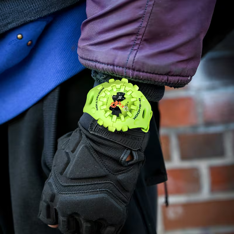 Casio G-SHOCK GA-V01 Series GAV01-9A in neon yellow – bold sculpted case, metallic dial accents, Shock Release Hand tech, 200m water resistance, and 10-year battery life.