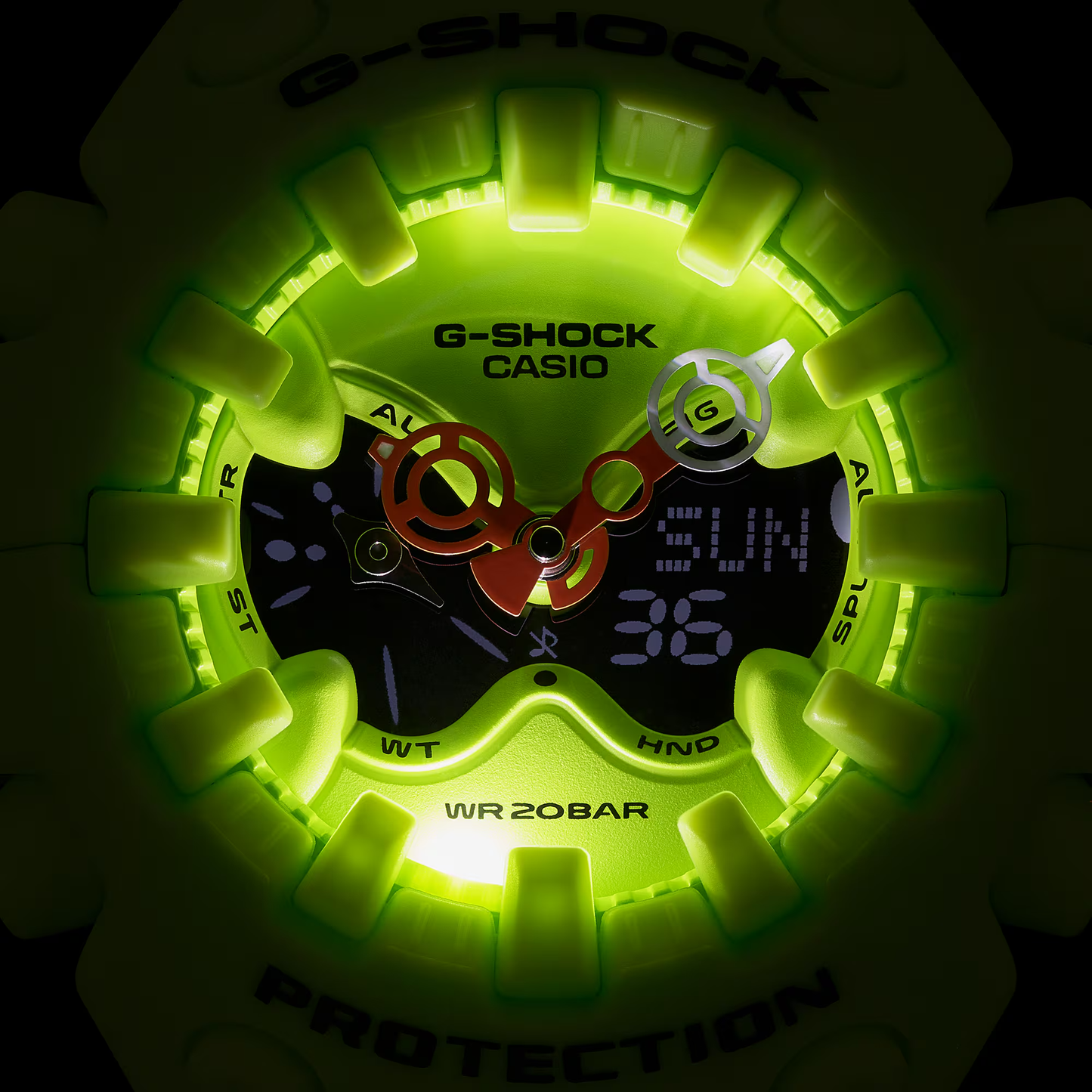 Casio G-SHOCK GA-V01 Series GAV01-9A in neon yellow – bold sculpted case, metallic dial accents, Shock Release Hand tech, 200m water resistance, and 10-year battery life.