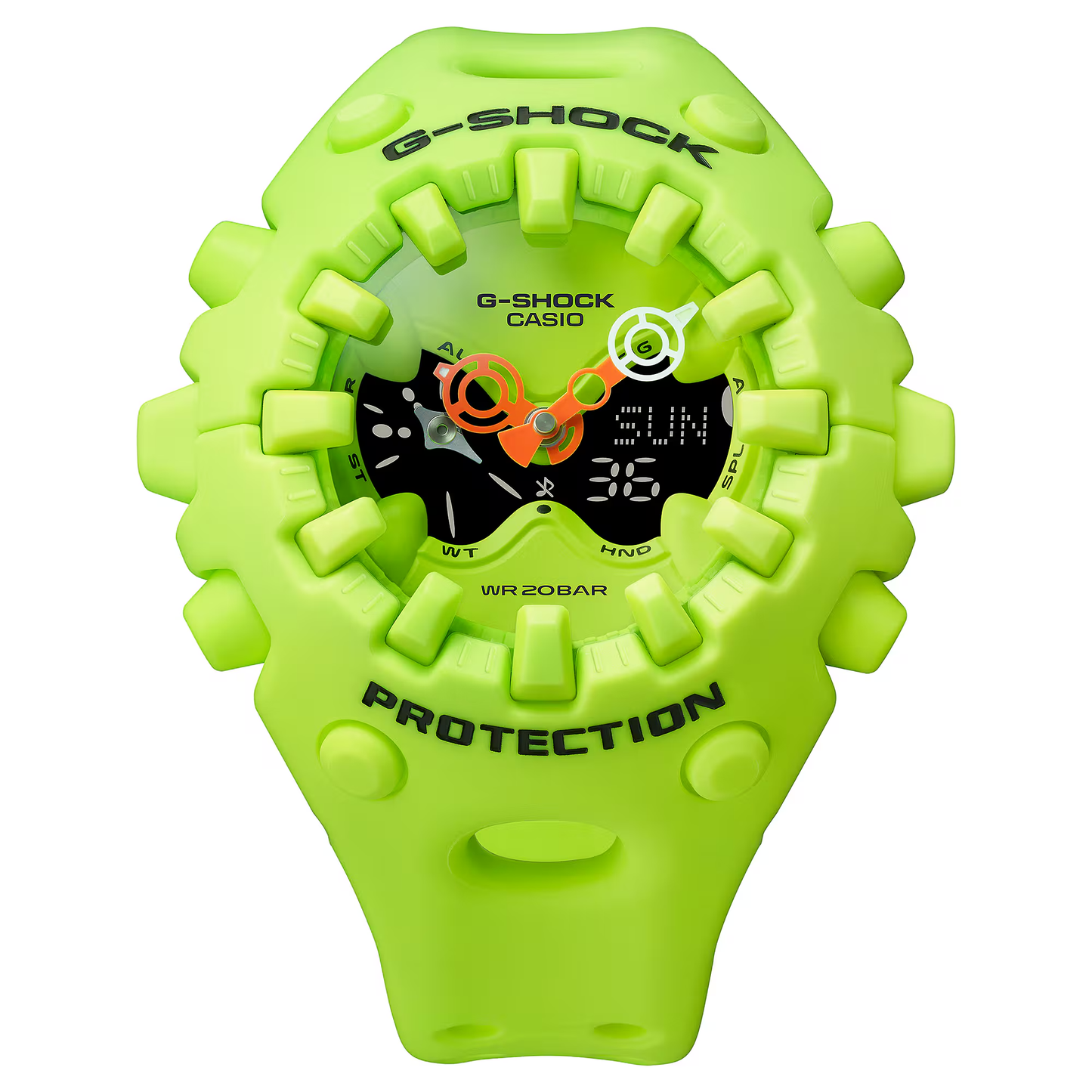 Casio G-SHOCK GA-V01 Series GAV01-9A in neon yellow – bold sculpted case, metallic dial accents, Shock Release Hand tech, 200m water resistance, and 10-year battery life.