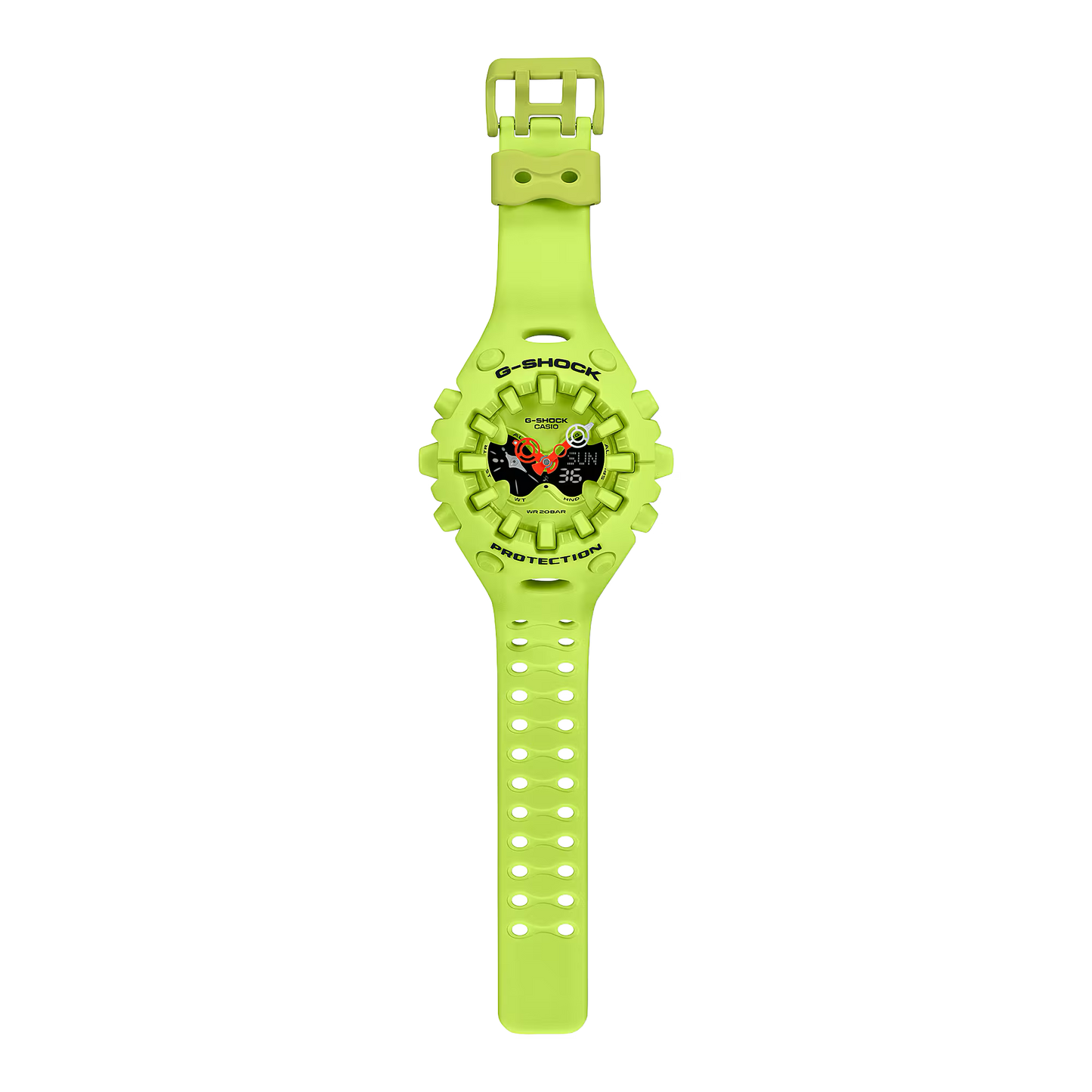 Casio G-SHOCK GA-V01 Series GAV01-9A in neon yellow – bold sculpted case, metallic dial accents, Shock Release Hand tech, 200m water resistance, and 10-year battery life.