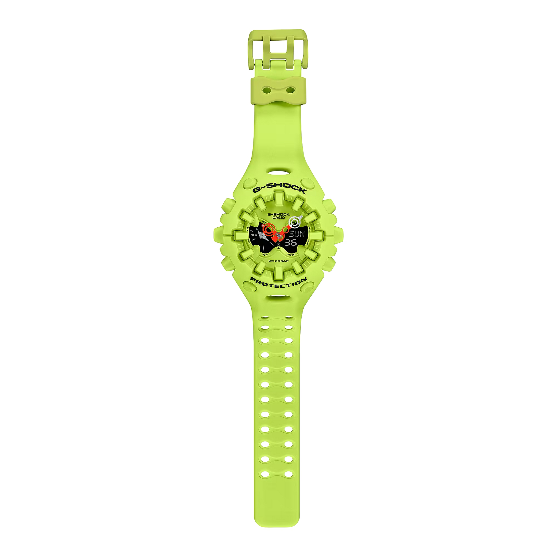 Casio G-SHOCK GA-V01 Series GAV01-9A in neon yellow – bold sculpted case, metallic dial accents, Shock Release Hand tech, 200m water resistance, and 10-year battery life.