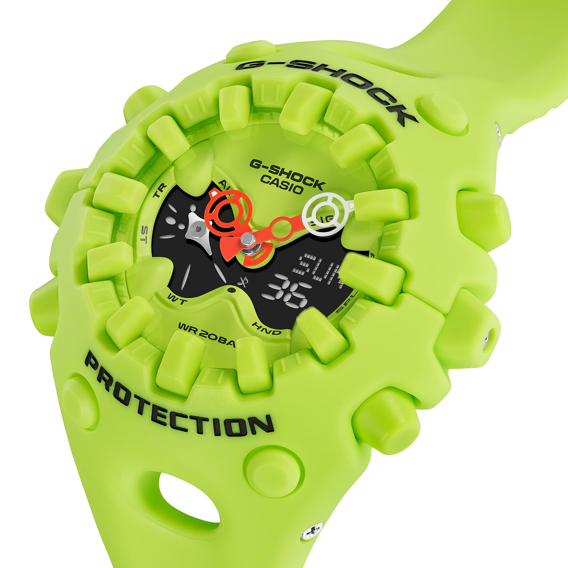 Casio G-SHOCK GA-V01 Series GAV01-9A in neon yellow – bold sculpted case, metallic dial accents, Shock Release Hand tech, 200m water resistance, and 10-year battery life.