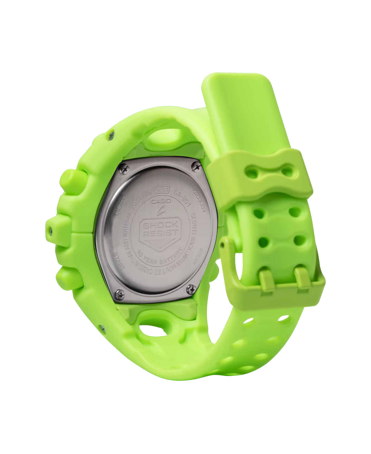 Casio G-SHOCK GA-V01 Series GAV01-9A in neon yellow – bold sculpted case, metallic dial accents, Shock Release Hand tech, 200m water resistance, and 10-year battery life.