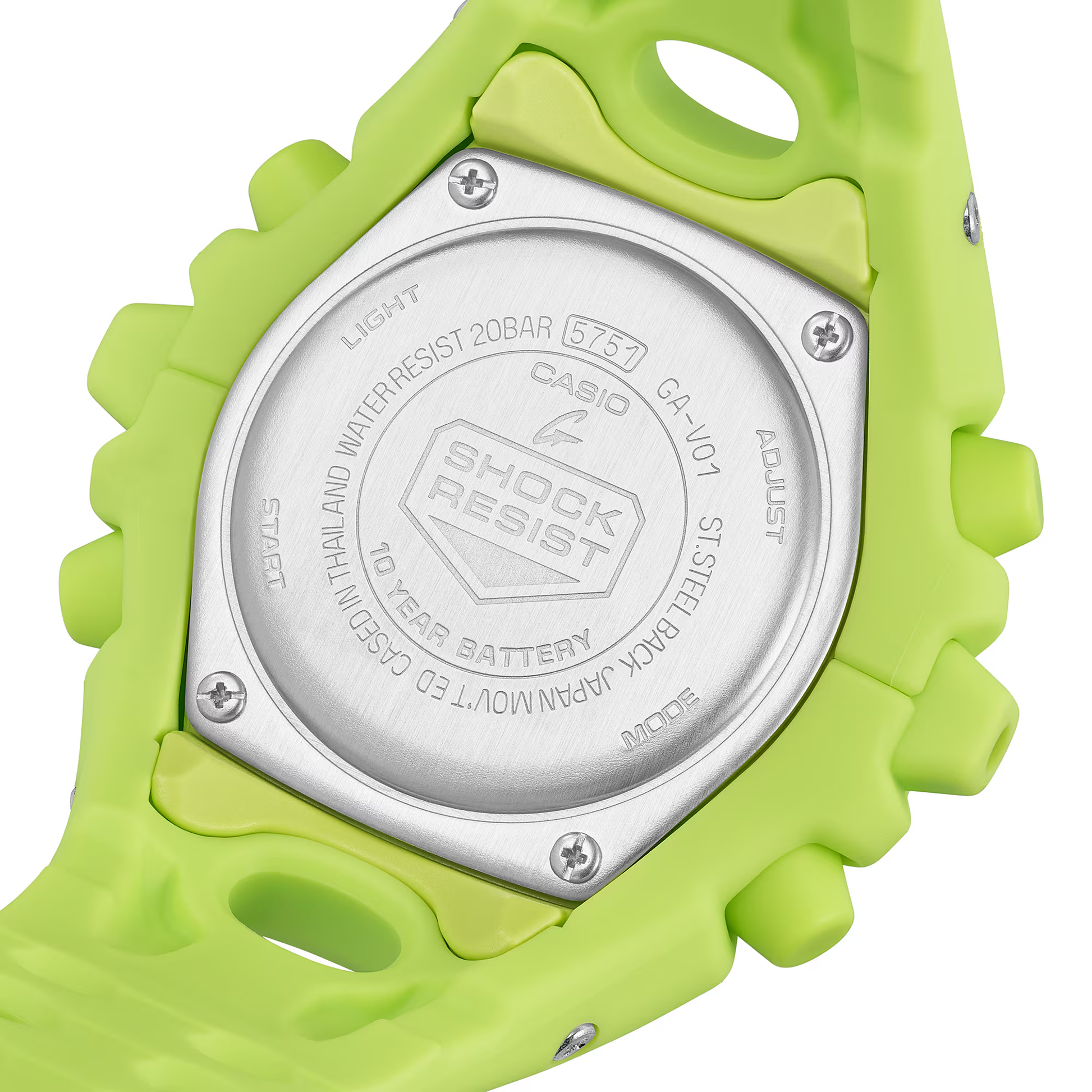 Casio G-SHOCK GA-V01 Series GAV01-9A in neon yellow – bold sculpted case, metallic dial accents, Shock Release Hand tech, 200m water resistance, and 10-year battery life.