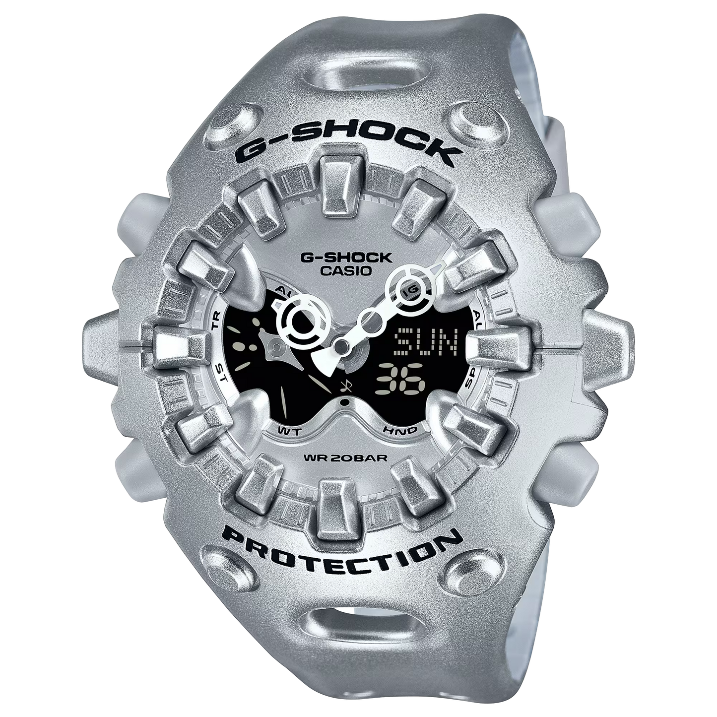 Casio G-SHOCK GA-V01 Series GAV01A-8A in translucent silver-gray – sleek sculpted case, metallic dial, Shock Release Hand tech, 200m water resistance, and 10-year battery life.