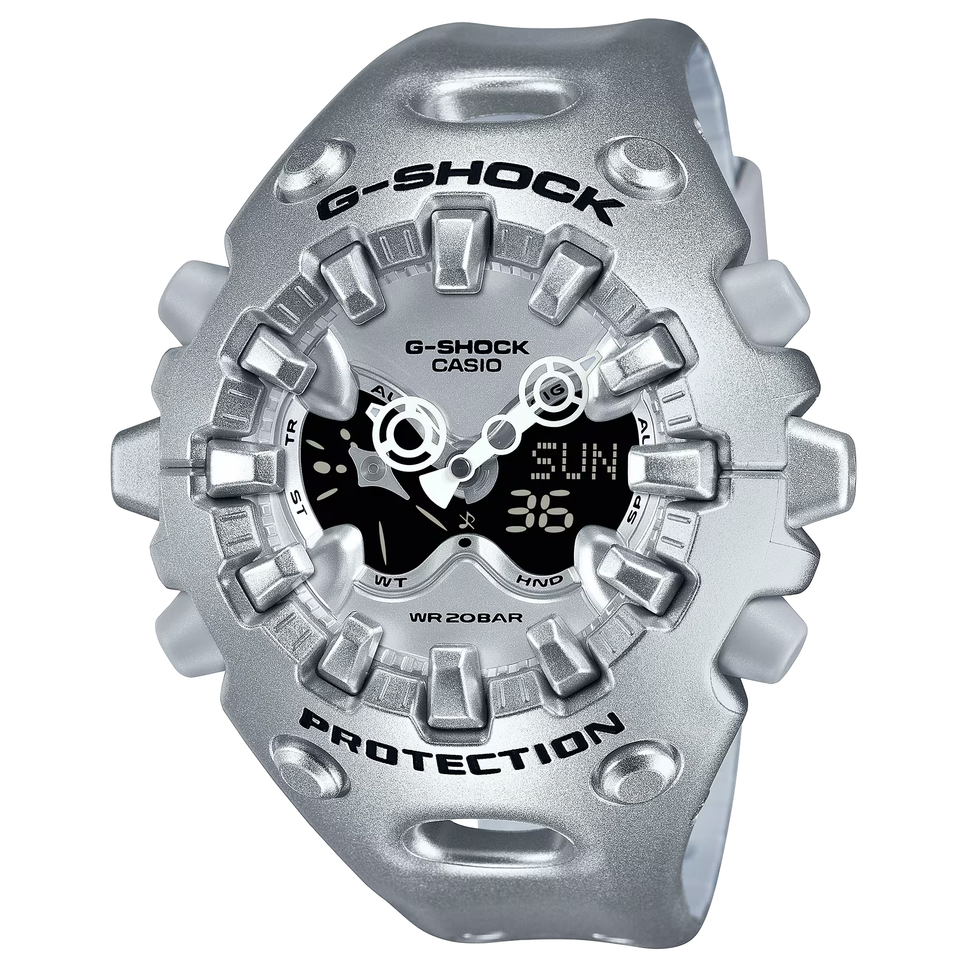 Casio G-SHOCK GA-V01 Series GAV01A-8A in translucent silver-gray – sleek sculpted case, metallic dial, Shock Release Hand tech, 200m water resistance, and 10-year battery life.
