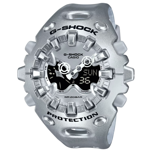 Casio G-SHOCK GA-V01 Series GAV01A-8A in translucent silver-gray – sleek sculpted case, metallic dial, Shock Release Hand tech, 200m water resistance, and 10-year battery life.