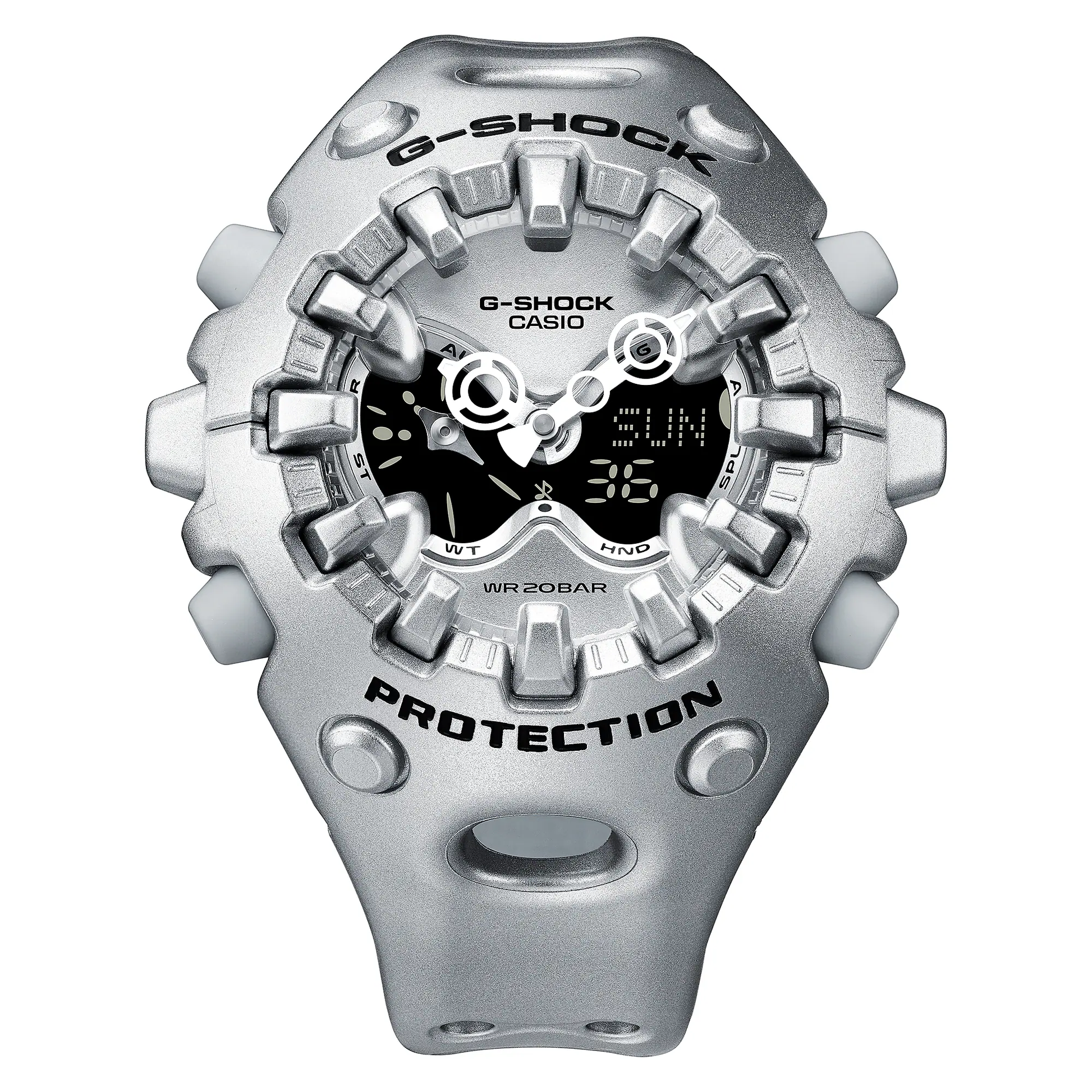 Casio G-SHOCK GA-V01 Series GAV01A-8A in translucent silver-gray – sleek sculpted case, metallic dial, Shock Release Hand tech, 200m water resistance, and 10-year battery life.