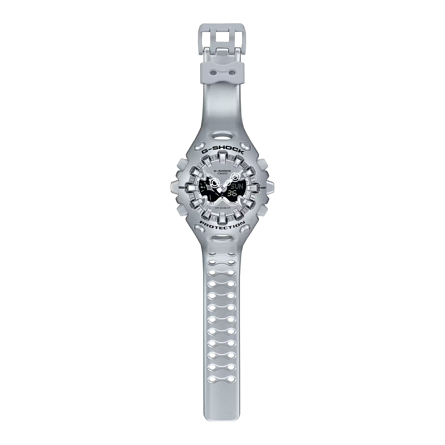 Casio G-SHOCK GA-V01 Series GAV01A-8A in translucent silver-gray – sleek sculpted case, metallic dial, Shock Release Hand tech, 200m water resistance, and 10-year battery life.