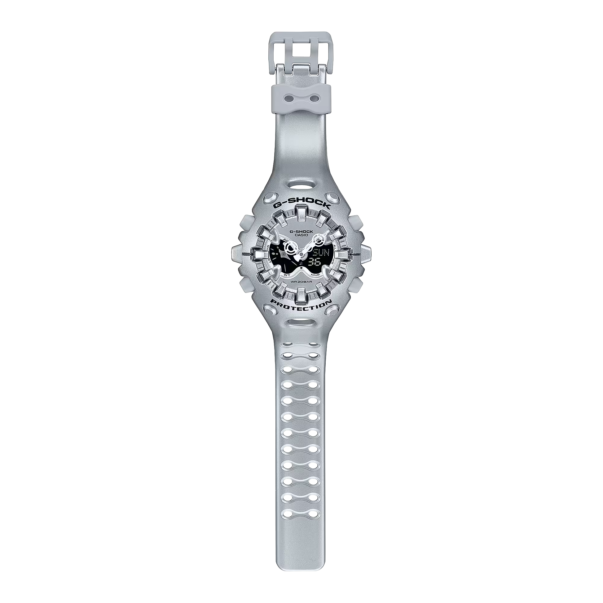 Casio G-SHOCK GA-V01 Series GAV01A-8A in translucent silver-gray – sleek sculpted case, metallic dial, Shock Release Hand tech, 200m water resistance, and 10-year battery life.