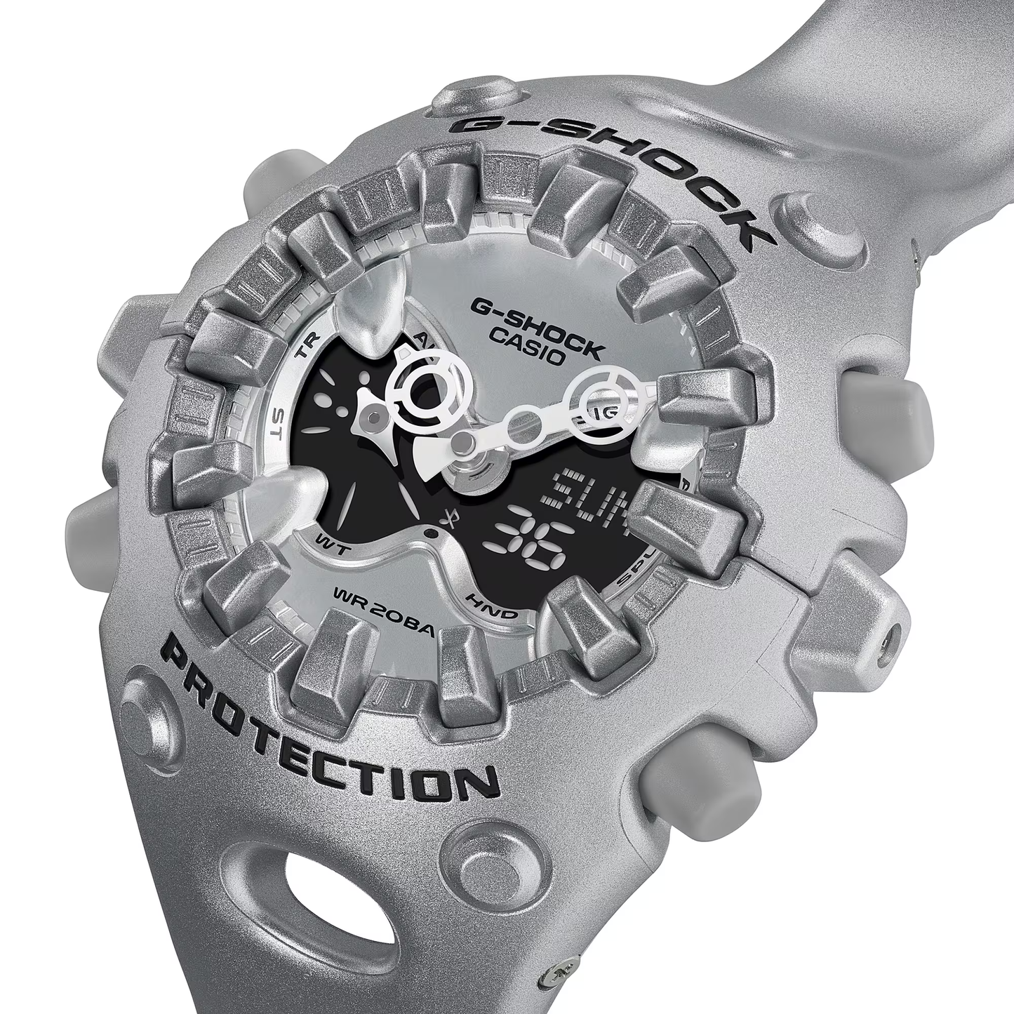 Casio G-SHOCK GA-V01 Series GAV01A-8A in translucent silver-gray – sleek sculpted case, metallic dial, Shock Release Hand tech, 200m water resistance, and 10-year battery life.