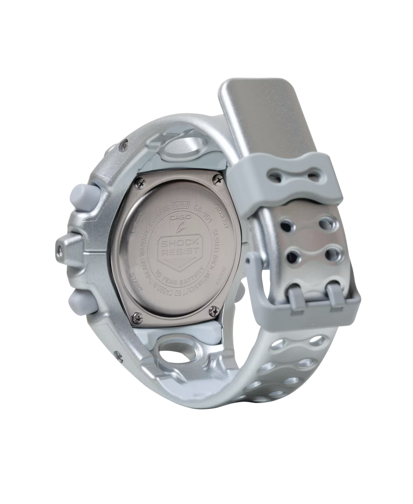 Casio G-SHOCK GA-V01 Series GAV01A-8A in translucent silver-gray – sleek sculpted case, metallic dial, Shock Release Hand tech, 200m water resistance, and 10-year battery life.