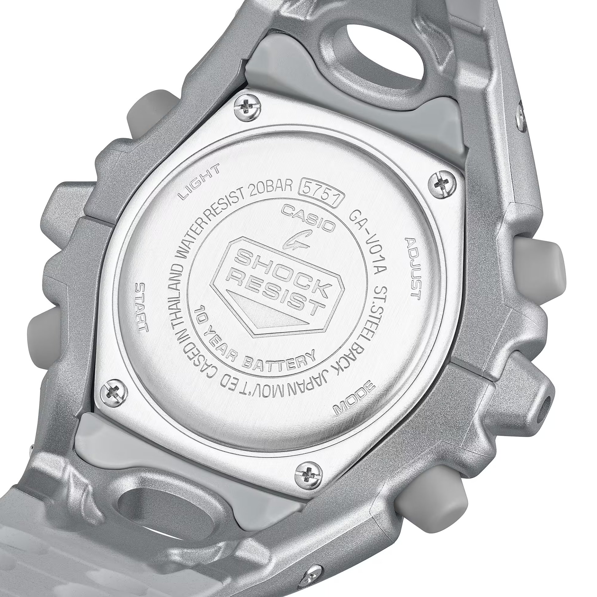 Casio G-SHOCK GA-V01 Series GAV01A-8A in translucent silver-gray – sleek sculpted case, metallic dial, Shock Release Hand tech, 200m water resistance, and 10-year battery life.