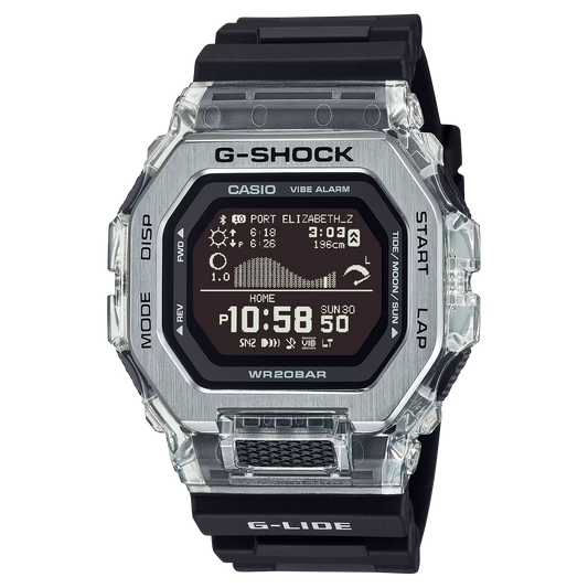 Casio G-SHOCK G-LIDE GBX100S-1 – surf-ready watch with tide and moon data, Bluetooth connectivity, stainless steel/resin bezel, bio-based band, and 200m water resistance.