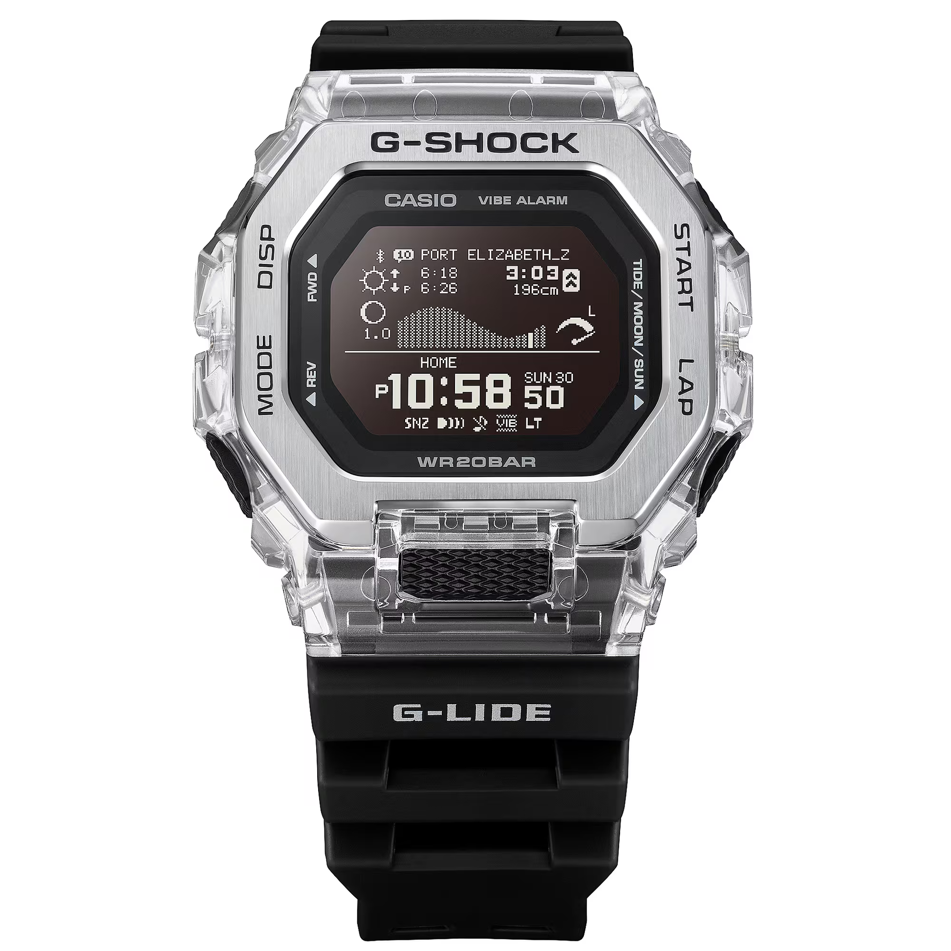 Casio G-SHOCK G-LIDE GBX100S-1 – surf-ready watch with tide and moon data, Bluetooth connectivity, stainless steel/resin bezel, bio-based band, and 200m water resistance.