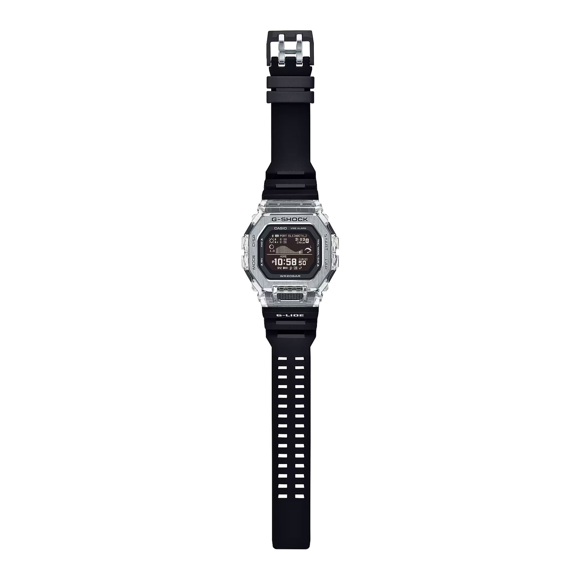 Casio G-SHOCK G-LIDE GBX100S-1 – surf-ready watch with tide and moon data, Bluetooth connectivity, stainless steel/resin bezel, bio-based band, and 200m water resistance.
