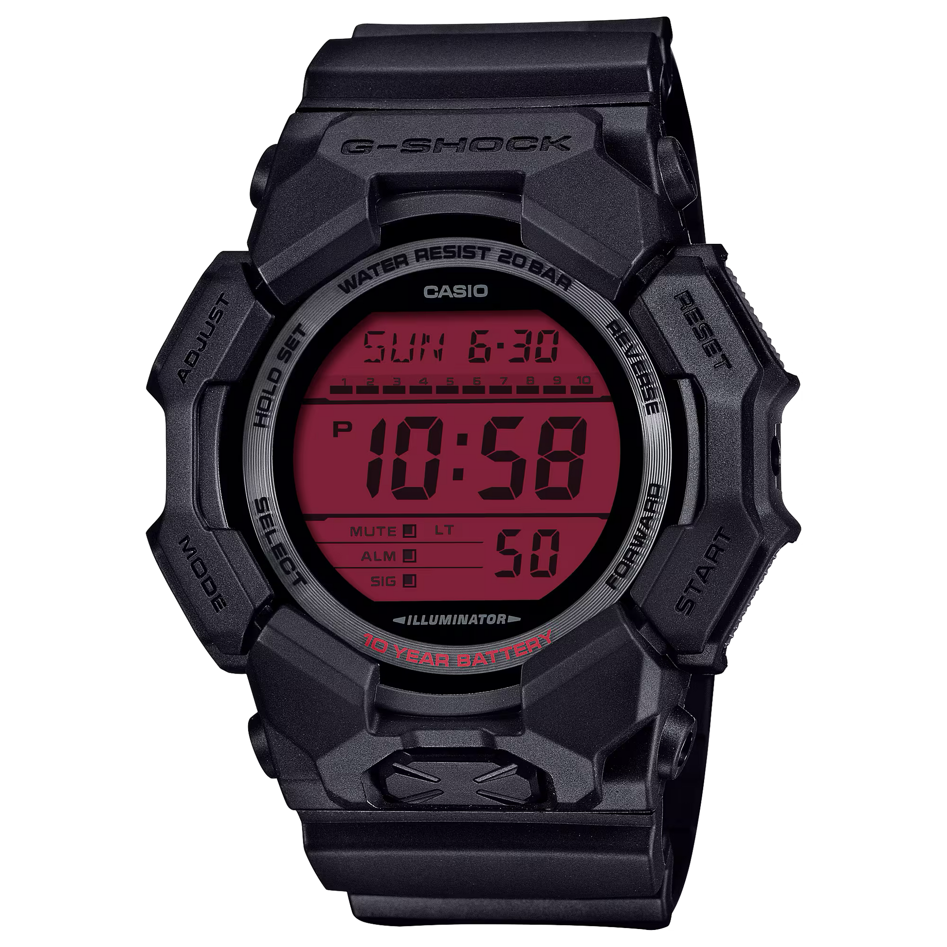 Casio G-SHOCK GD-010 Series GD010BBR-1 – stealth black with bold red display, Carbon Core Guard structure, Super Illuminator, shock resistance, and 200m water resistance.