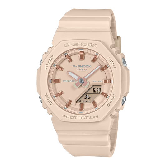 Casio G-SHOCK Women GMAP2100M-4A – blush-pink ‘CasiOak’ with pink-gold accents, compact eco-friendly bio-based resin design, dual LED lights, and 200m water resistance.