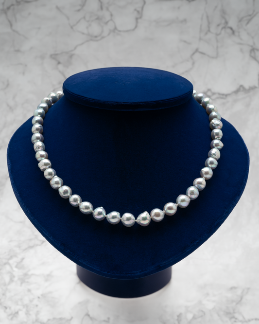 Akoya Pearl Strand Necklace - Natural Blue Gray Baroque, 9-9.5mm, 18-inch, 925 Sterling Silver Clasp, Hand-Selected from Japan