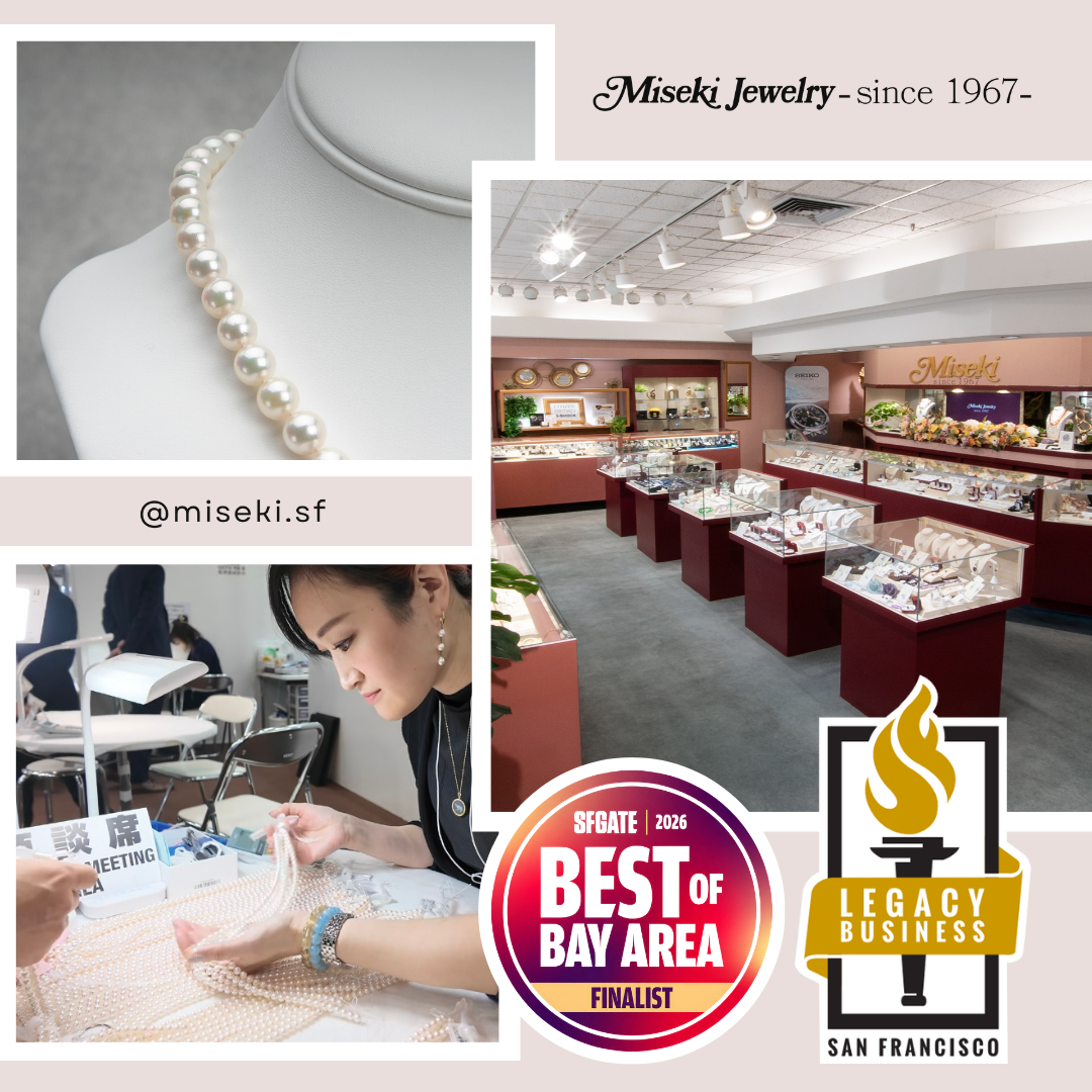 Miseki Jewelry since 1967 hero image featuring an Akoya pearl necklace, San Francisco jewelry showroom, pearl selection service, Best of Bay Area finalist badge, and San Francisco Legacy Business recognition.