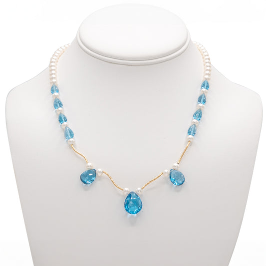 Blue Topaz Pearl Necklace w/14K Yellow Gold