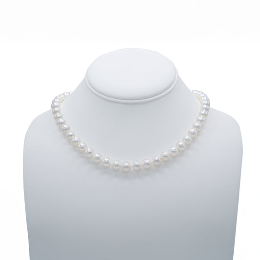 Akoya Pearl Strand Necklace - 7.5-8.0mm White Pearls, AA Quality, 14K Yellow Gold, Filigree Fishhook Clasp, Made in Japan