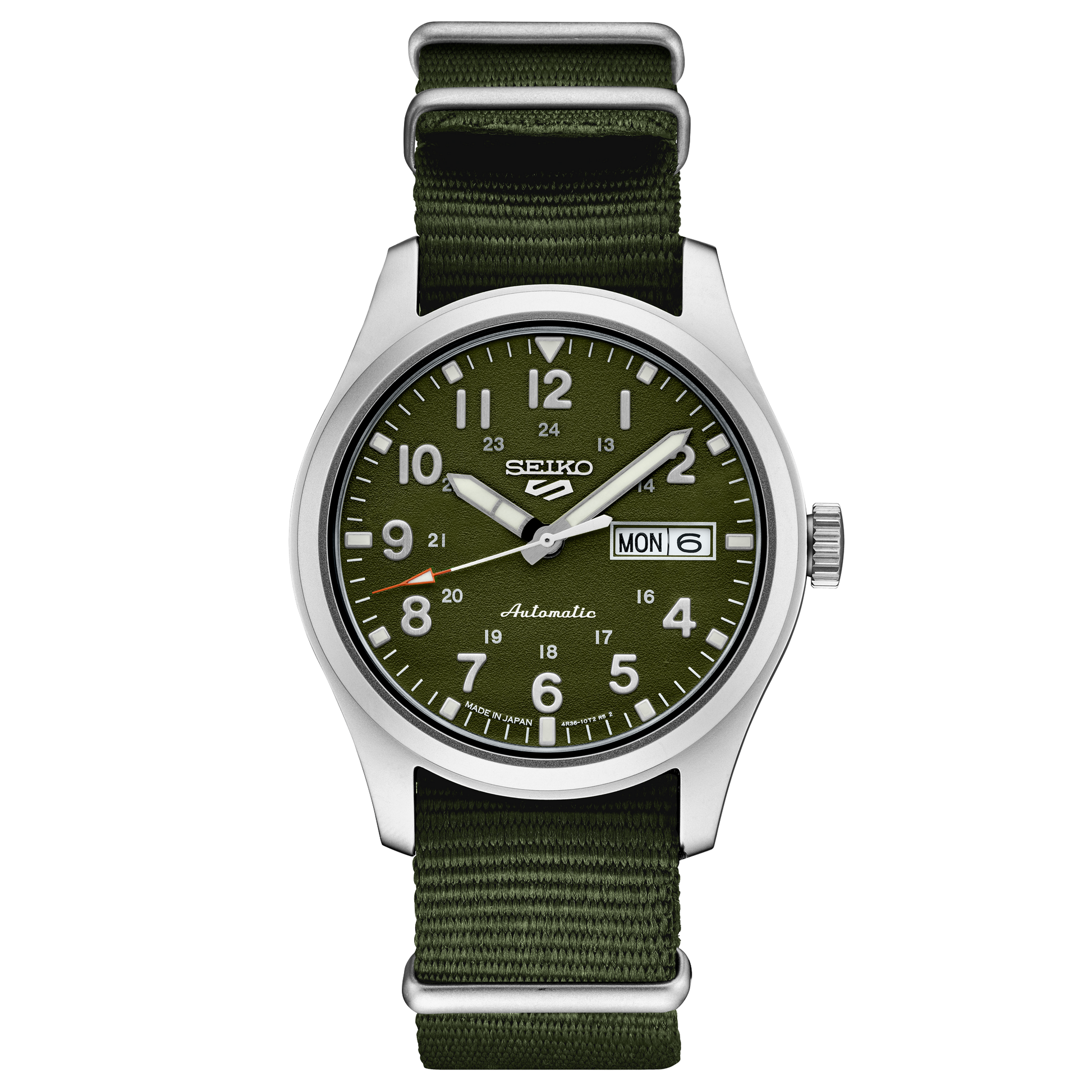 A SEIKO 5 SPORTS SRPG33 watch with a green dial, Arabic numerals, and a stainless steel case. It features a green nylon strap and a screwdown see-through caseback.