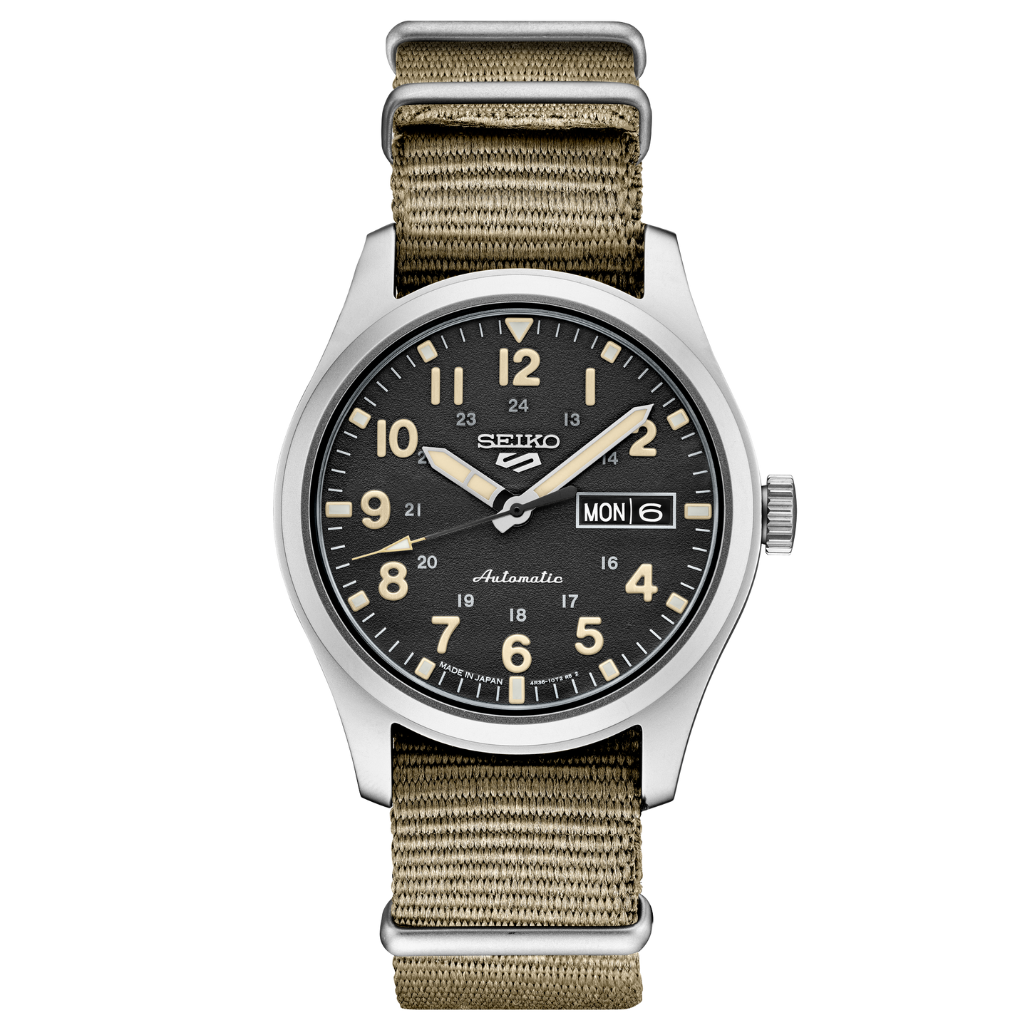 Seiko watch with black dial and beige strap on a white background