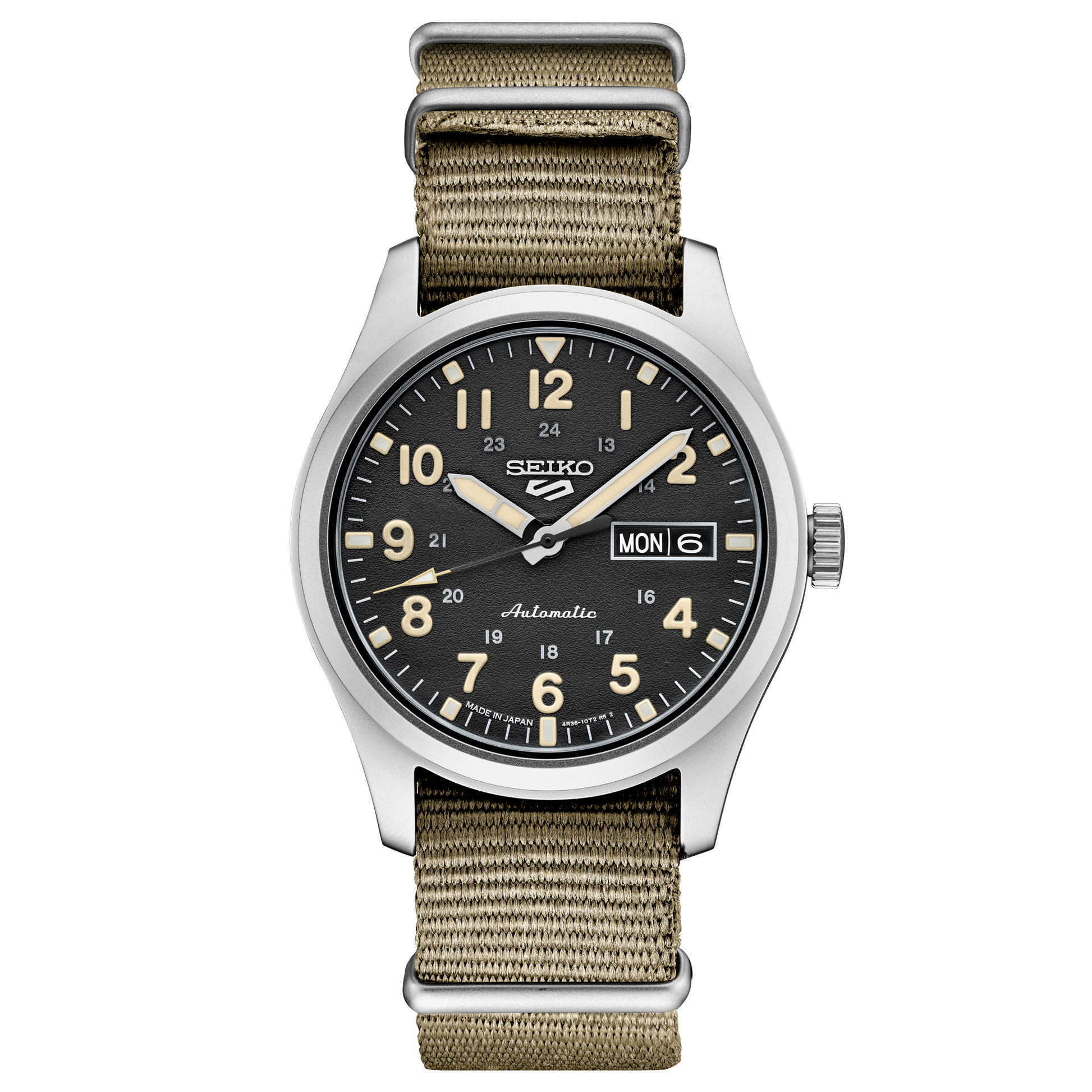 Seiko watch with black dial and beige strap on a white background