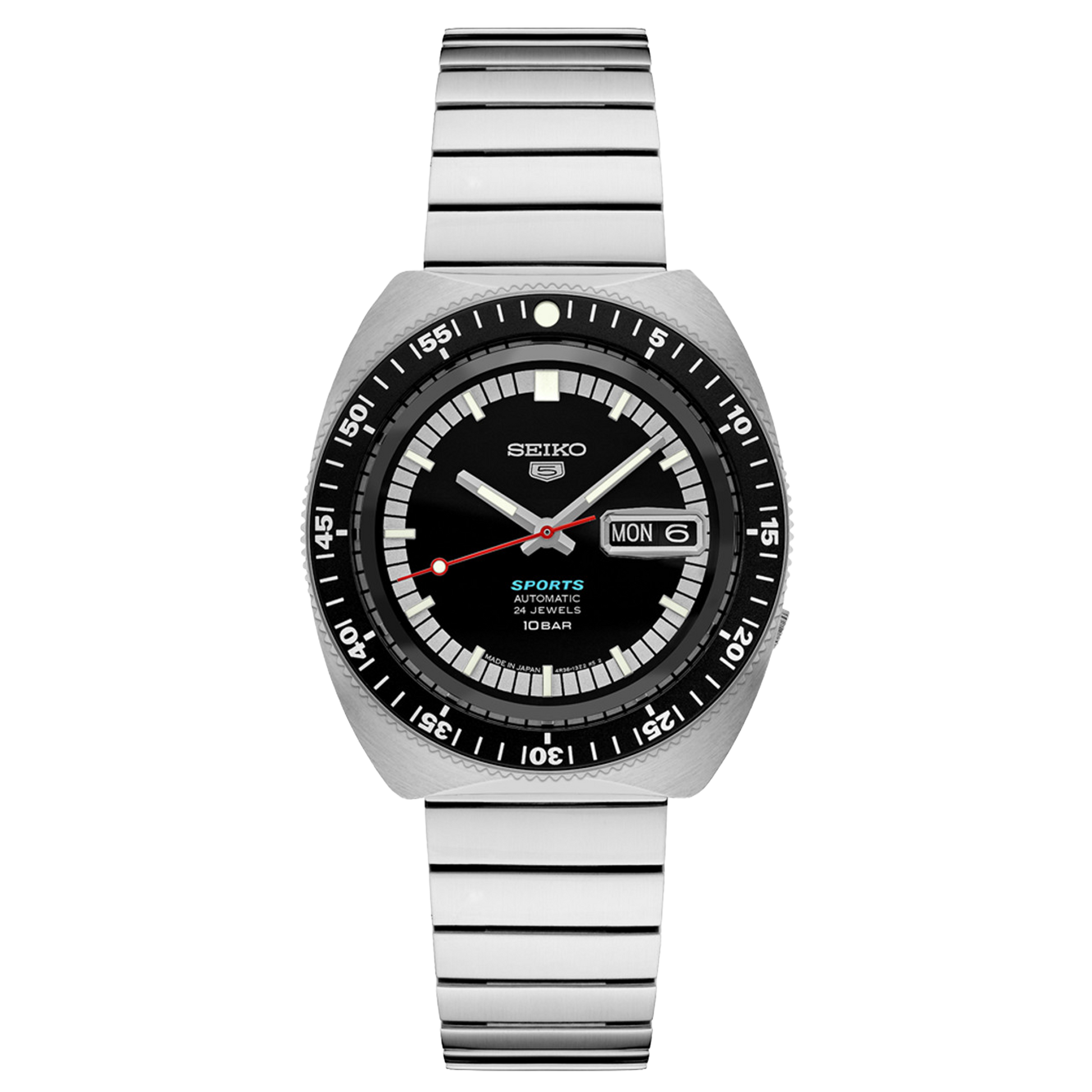 A black SEIKO 5 Sports watch with a vintage design, featuring a day/date calendar, red second hand, and a black uni-directional rotating bezel.