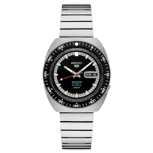 A black SEIKO 5 Sports watch with a vintage design, featuring a day/date calendar, red second hand, and a black uni-directional rotating bezel.