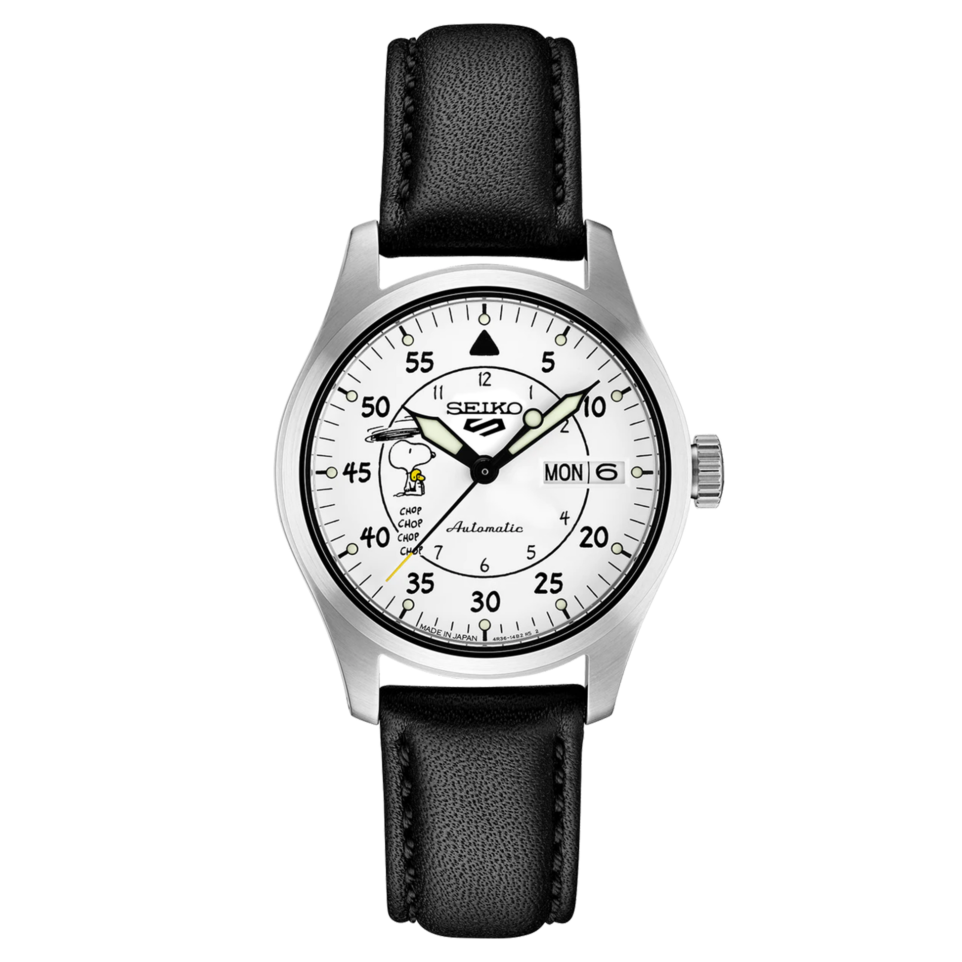 A SEIKO 5 Sports watch with a white dial featuring Peanuts cartoon characters and a black leather strap.