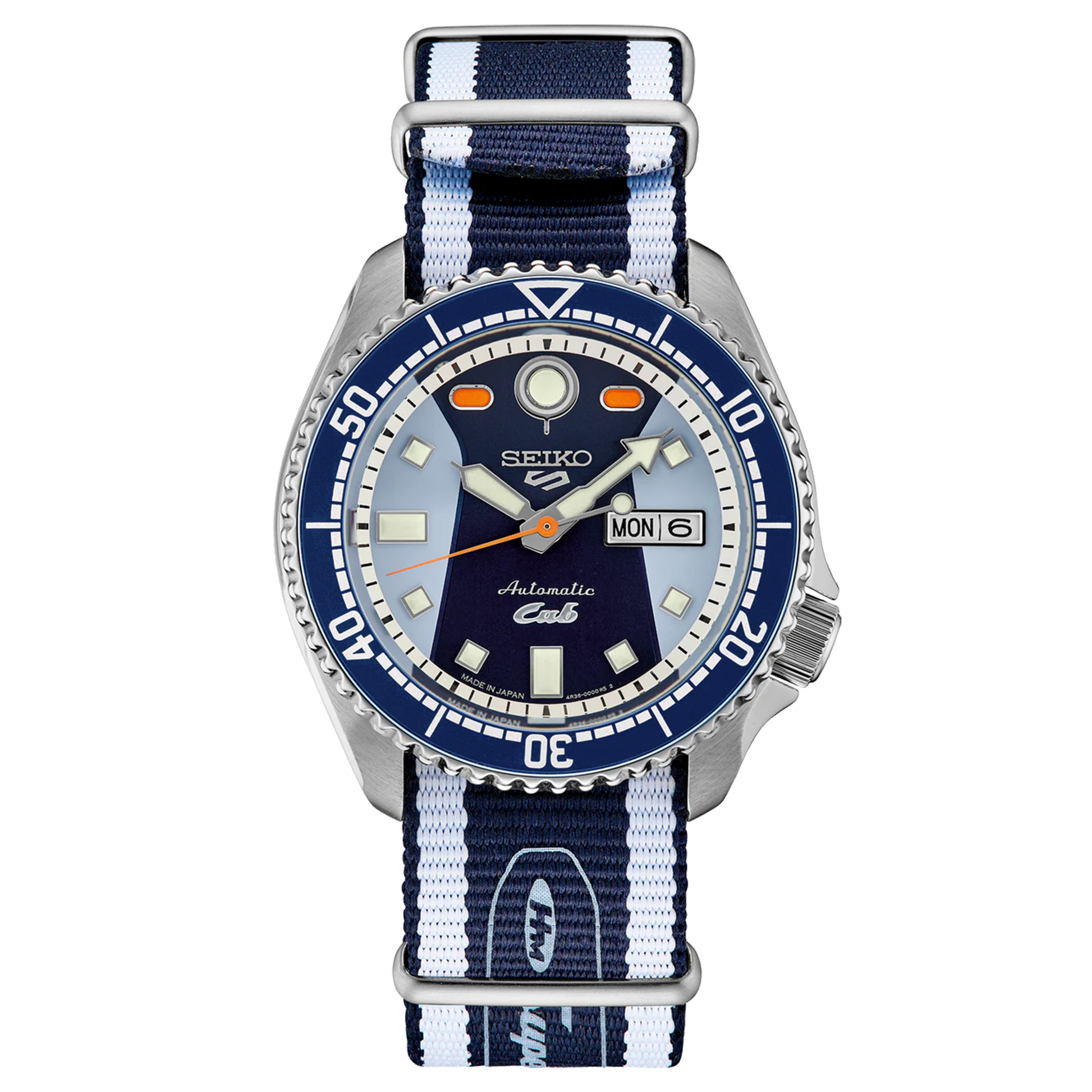 A SEIKO 5 SPORTS SRPK37 Honda Super Cub Limited Edition watch with a blue dial, orange accents, and a stainless steel case. Features a date display and a rotating bezel.