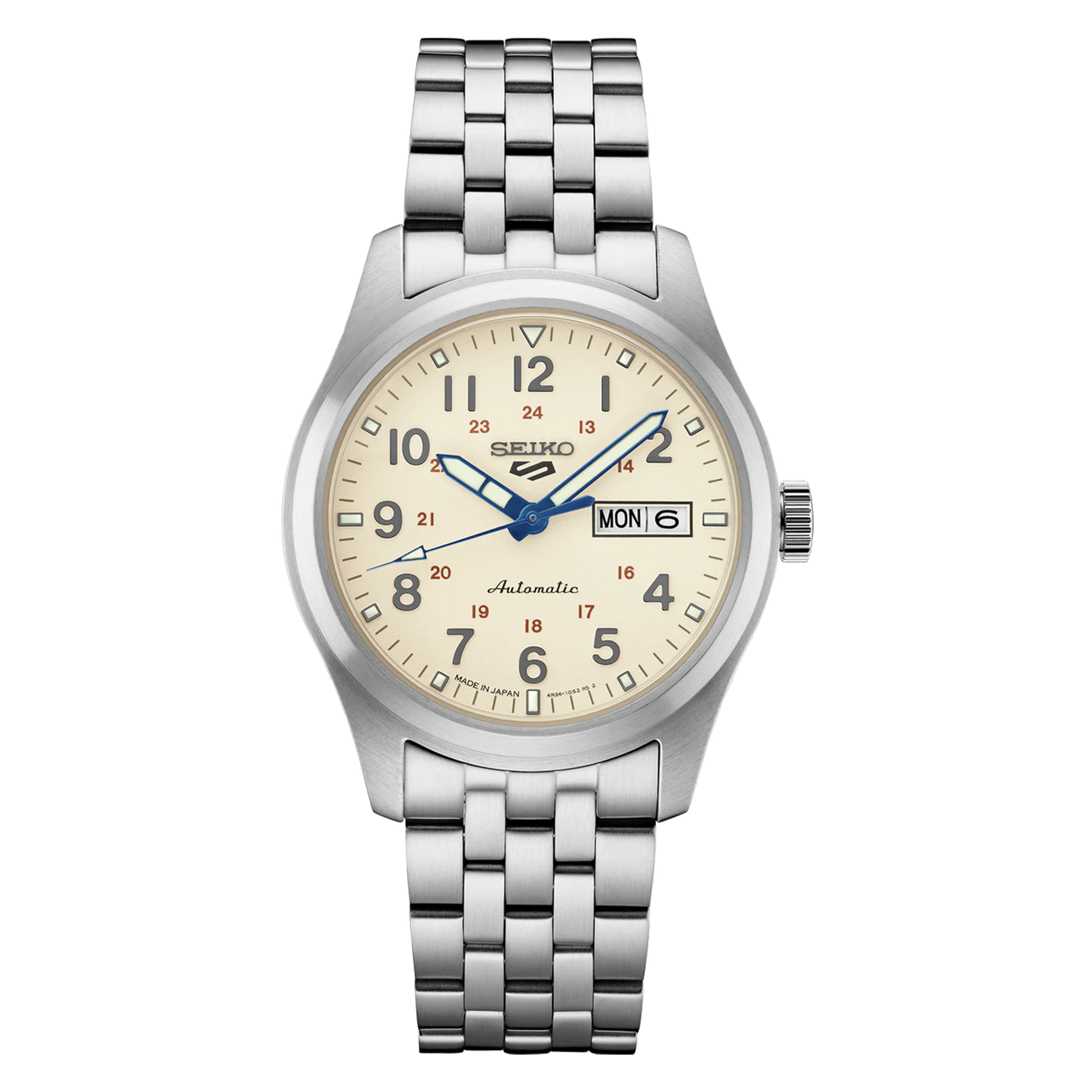 A silver SEIKO 5 Sports watch with a cream dial, blue and red accents, and luminous hands and markers. It includes a date display and a screwdown see-through caseback.