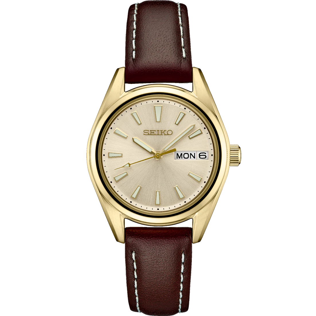 Seiko Essentials SUR456 – compact gold-tone dress watch with champagne sunray dial, brown leather strap, sapphire crystal, day/date display, and 100m water resistance.