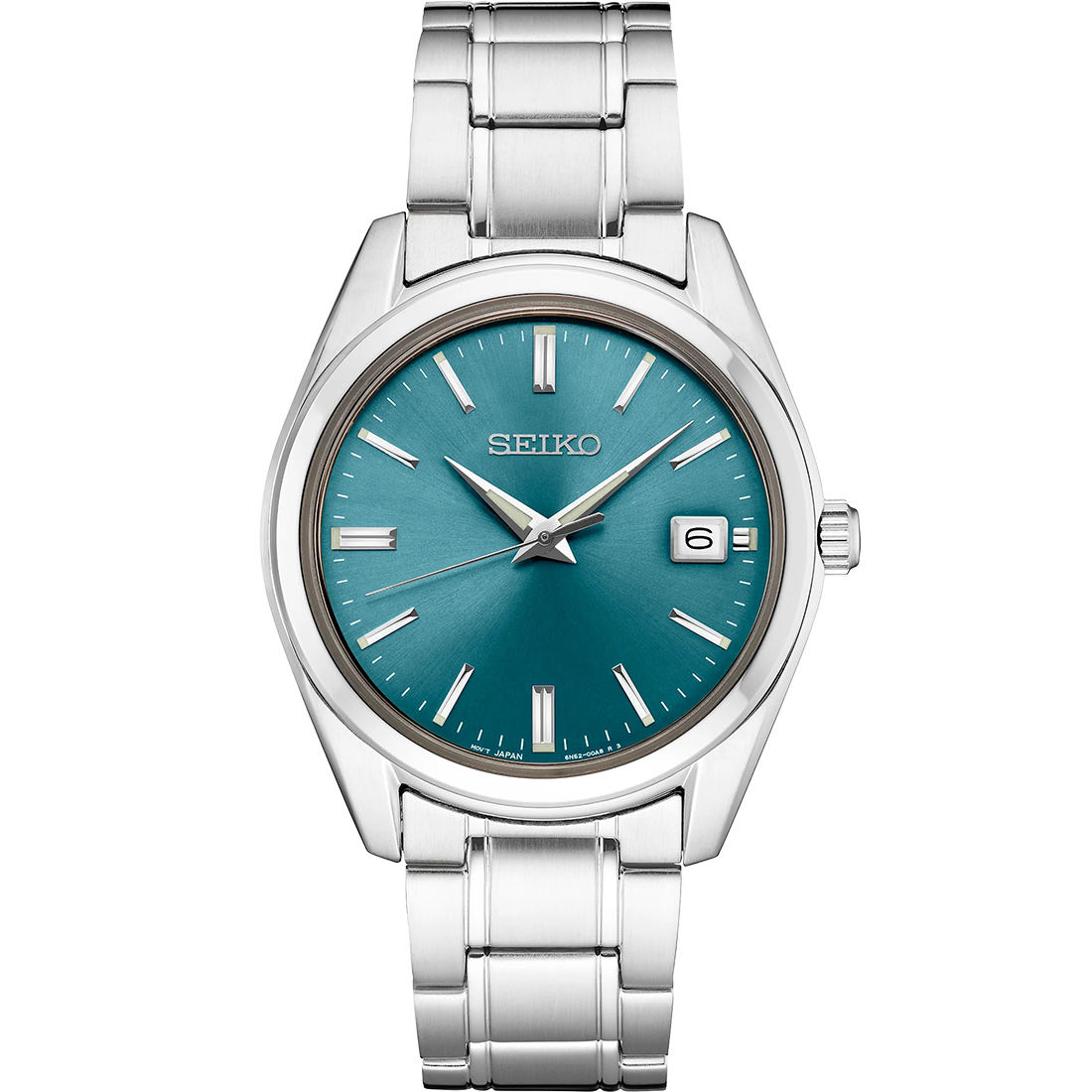 SEIKO SUR525 quartz watch with blue sunray dial, stainless steel case and bracelet, sapphire crystal, and 100m water resistance.