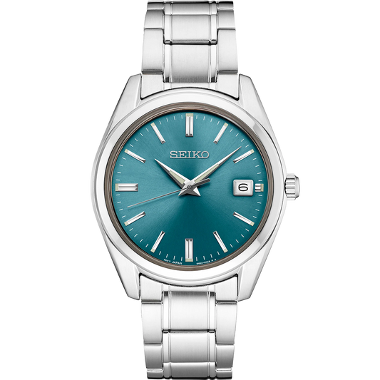 SEIKO SUR525 quartz watch with blue sunray dial, stainless steel case and bracelet, sapphire crystal, and 100m water resistance.