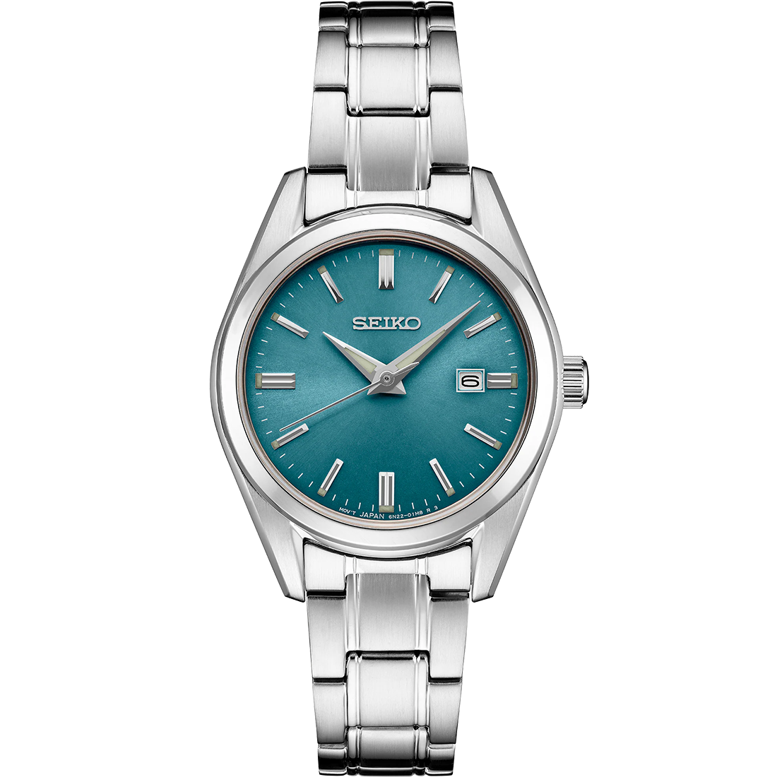 Seiko SUR531 Essentials quartz watch with blue sunray dial, stainless steel case and bracelet, date display, sapphire crystal, and compact 29.8mm size.