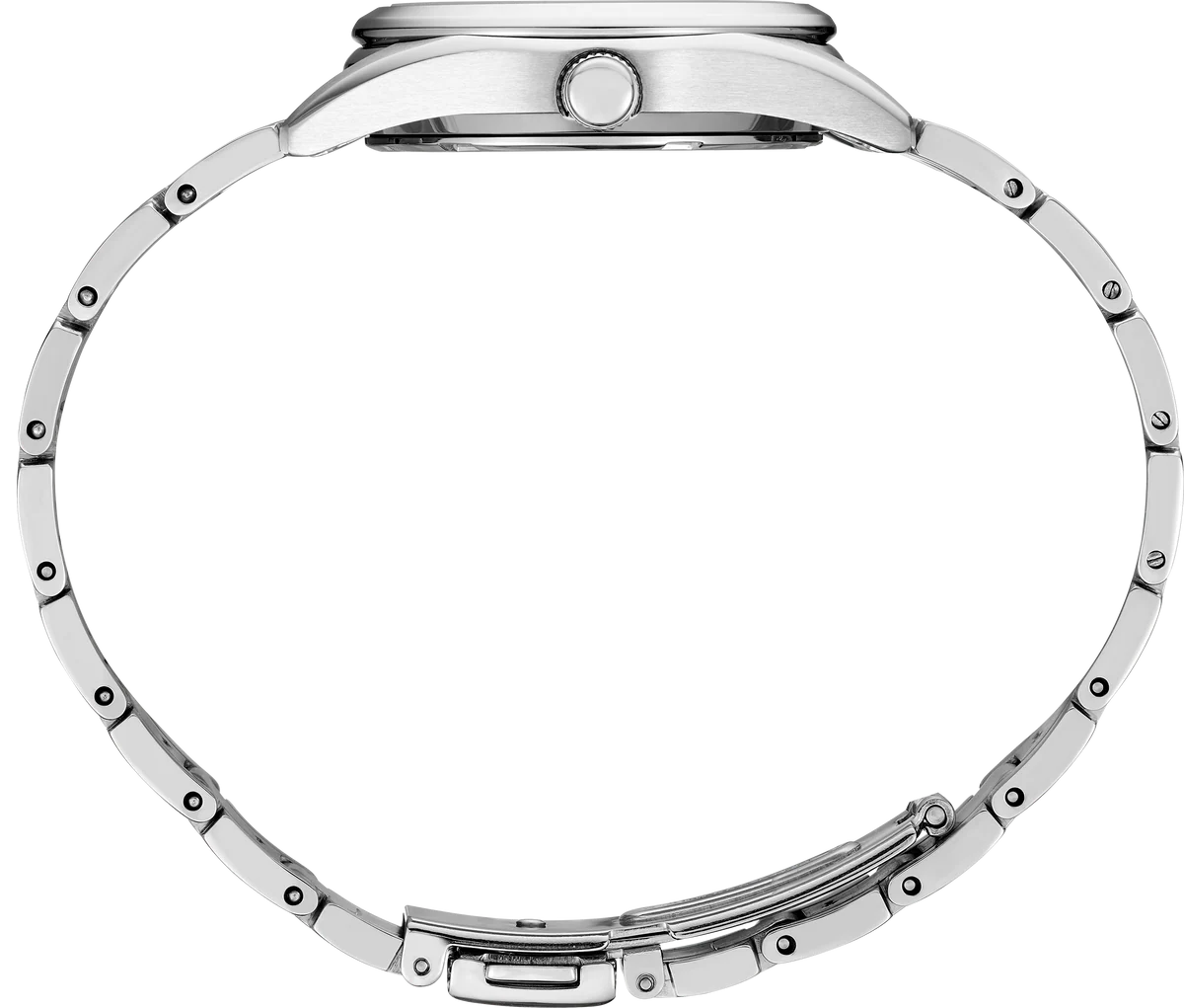 Close-up of a silver watch band on a white background