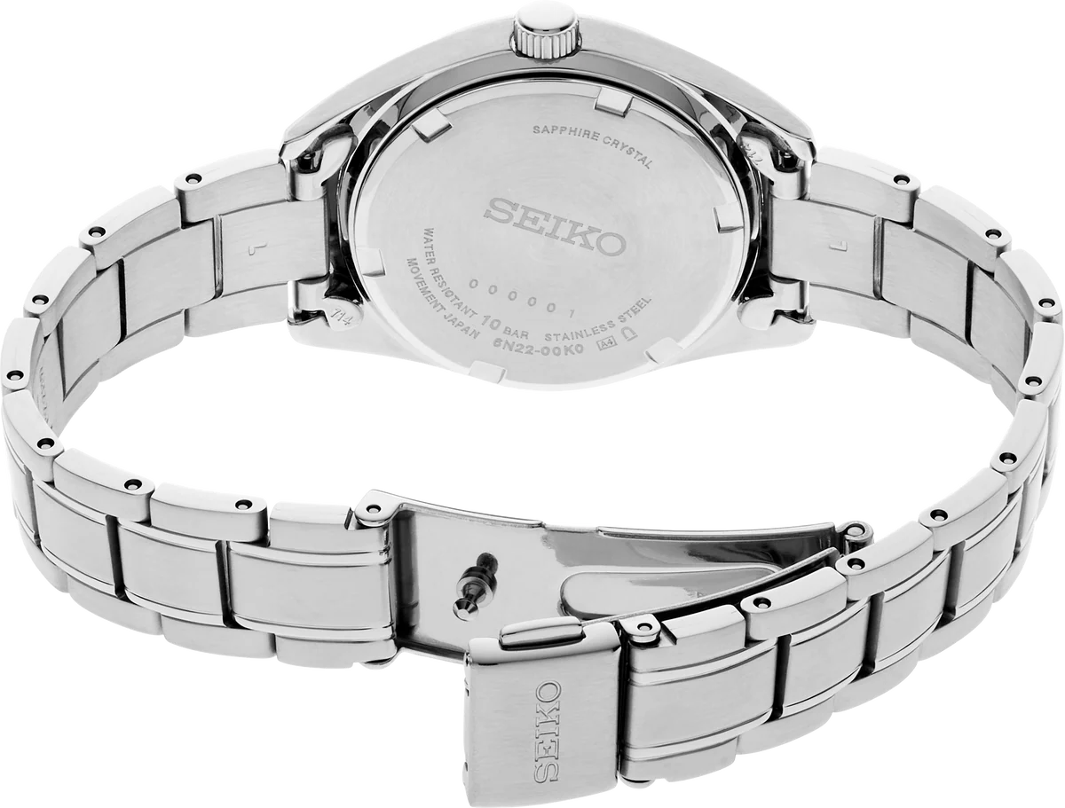 Silver Seiko watch with metal bracelet on a white background