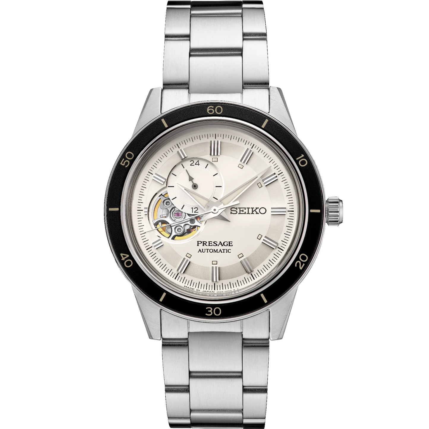 SEIKO SSA423 Presage Style60's Automatic Watch – Ivory Open-Aperture Dial with 24-Hour Subdial, 40.8mm Stainless Steel, Retro 1960s Design