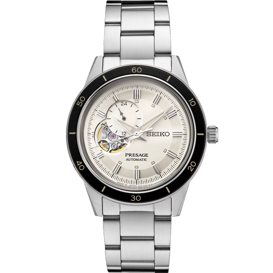 SEIKO SSA423 Presage Style60's Automatic Watch – Ivory Open-Aperture Dial with 24-Hour Subdial, 40.8mm Stainless Steel, Retro 1960s Design