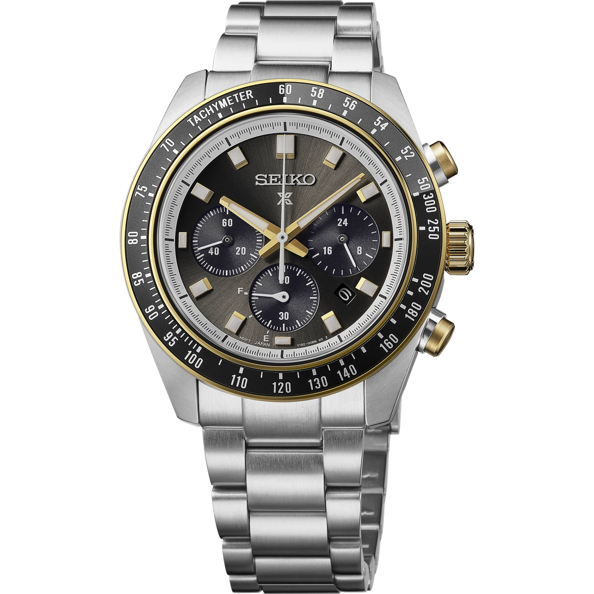 Seiko Prospex SPEEDTIMER HBJ002 solar chronograph watch with 41.4mm stainless steel case, curved sapphire crystal, tachymeter function, LumiBrite hands and indexes, Caliber V192 movement, date display, and 10 bar water resistance.