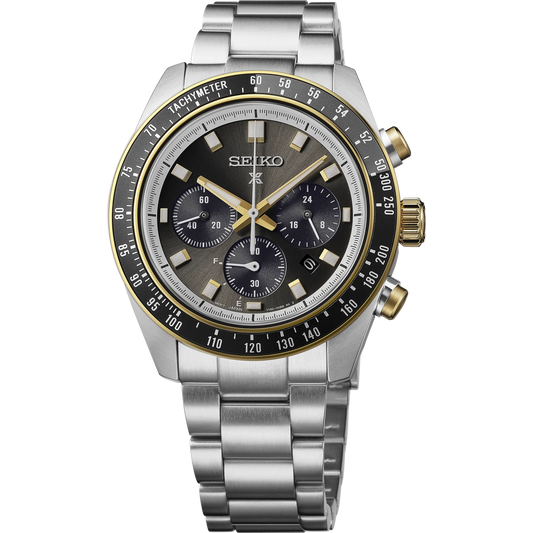 Seiko Prospex SPEEDTIMER HBJ002 solar chronograph watch with 41.4mm stainless steel case, curved sapphire crystal, tachymeter function, LumiBrite hands and indexes, Caliber V192 movement, date display, and 10 bar water resistance.